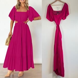 NWT Leani Smocked Cutout Back Maxi Dress Flutter Sleeve Tiered Pink Size Large